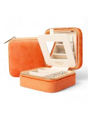 Travel Jewelry Organizer Case Orange Velvet Ring Earring Necklace Storage Box